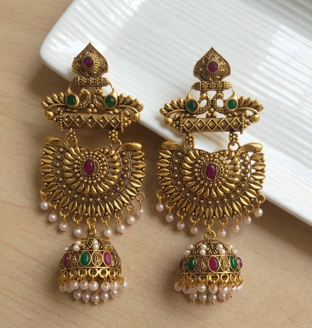 Gold Plated Meenakari Bahubali Jhumka Earrings for Women | Matte Finish Long Temple Earrings | Laxmi Design | EA-58