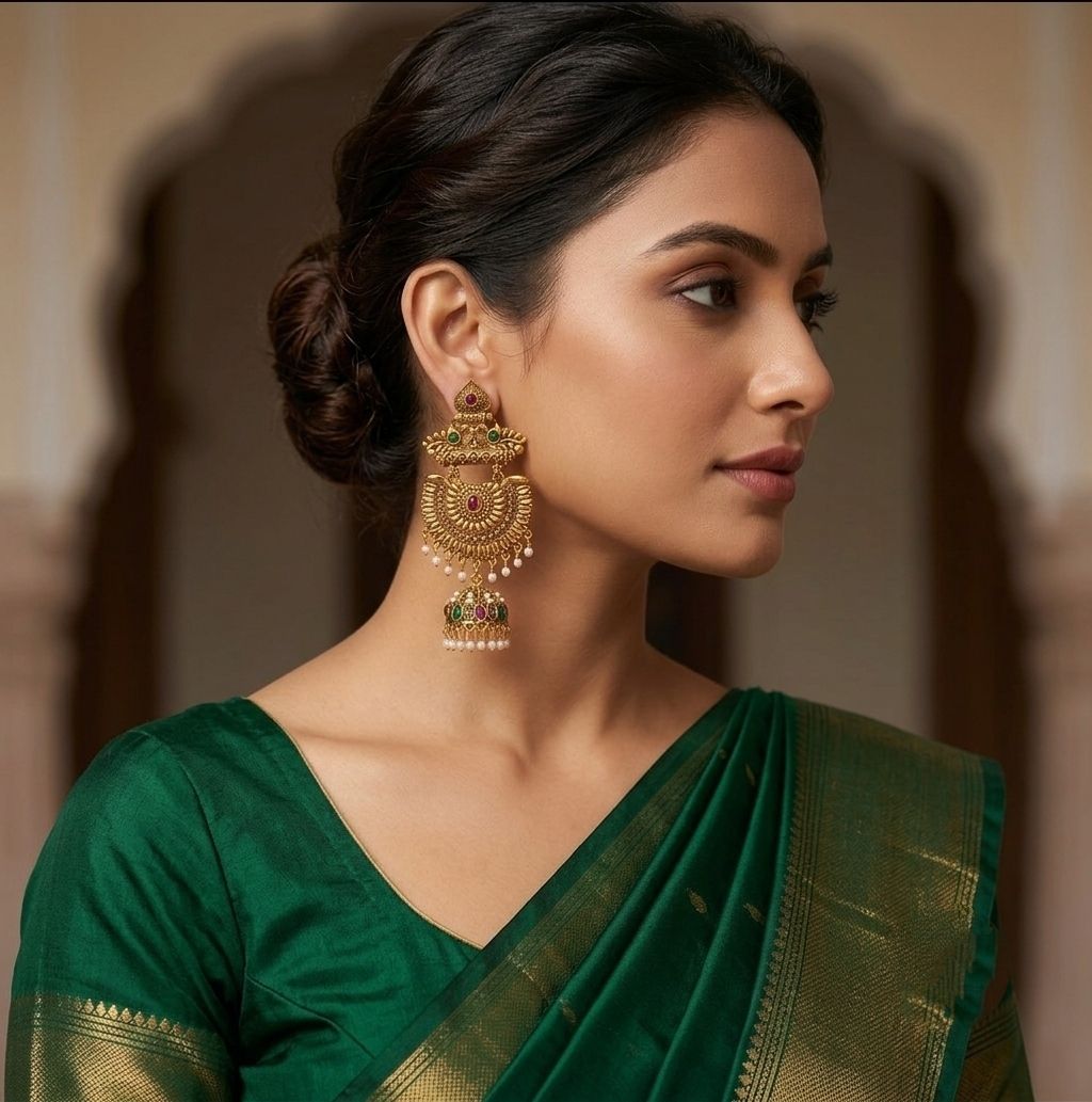 Gold Plated Meenakari Bahubali Jhumka Earrings for Women | Matte Finish Long Temple Earrings | Laxmi Design | EA-58