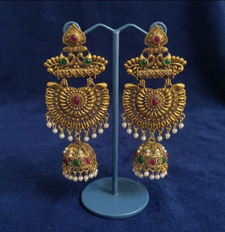 Gold Plated Meenakari Bahubali Jhumka Earrings for Women | Matte Finish Long Temple Earrings | Laxmi Design | EA-58