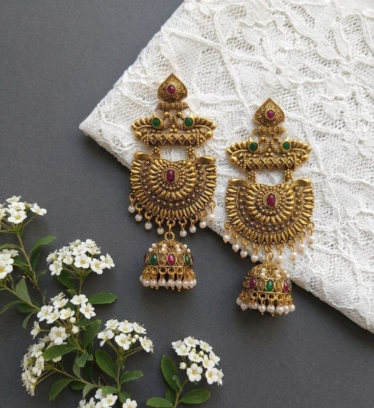 Gold Plated Meenakari Bahubali Jhumka Earrings for Women | Matte Finish Long Temple Earrings | Laxmi Design | EA-58