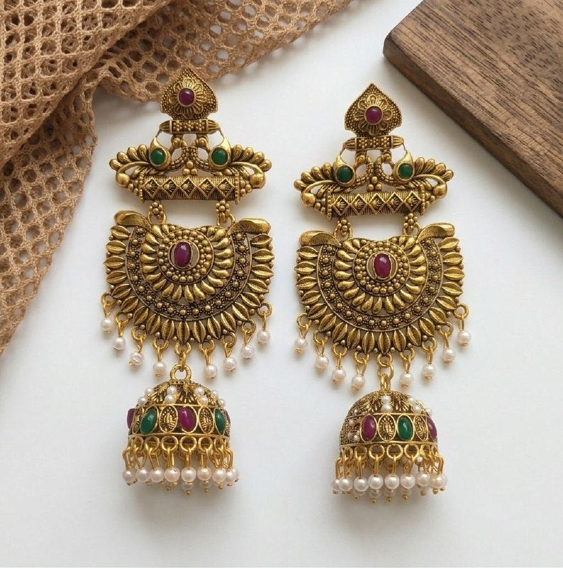 Gold Plated Meenakari Bahubali Jhumka Earrings for Women | Matte Finish Long Temple Earrings | Laxmi Design | EA-58
