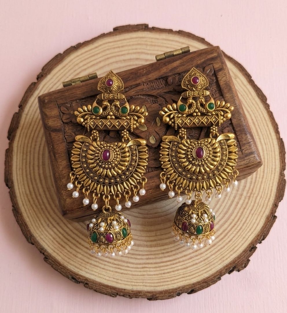 Gold Plated Meenakari Bahubali Jhumka Earrings for Women | Matte Finish Long Temple Earrings | Laxmi Design | EA-58