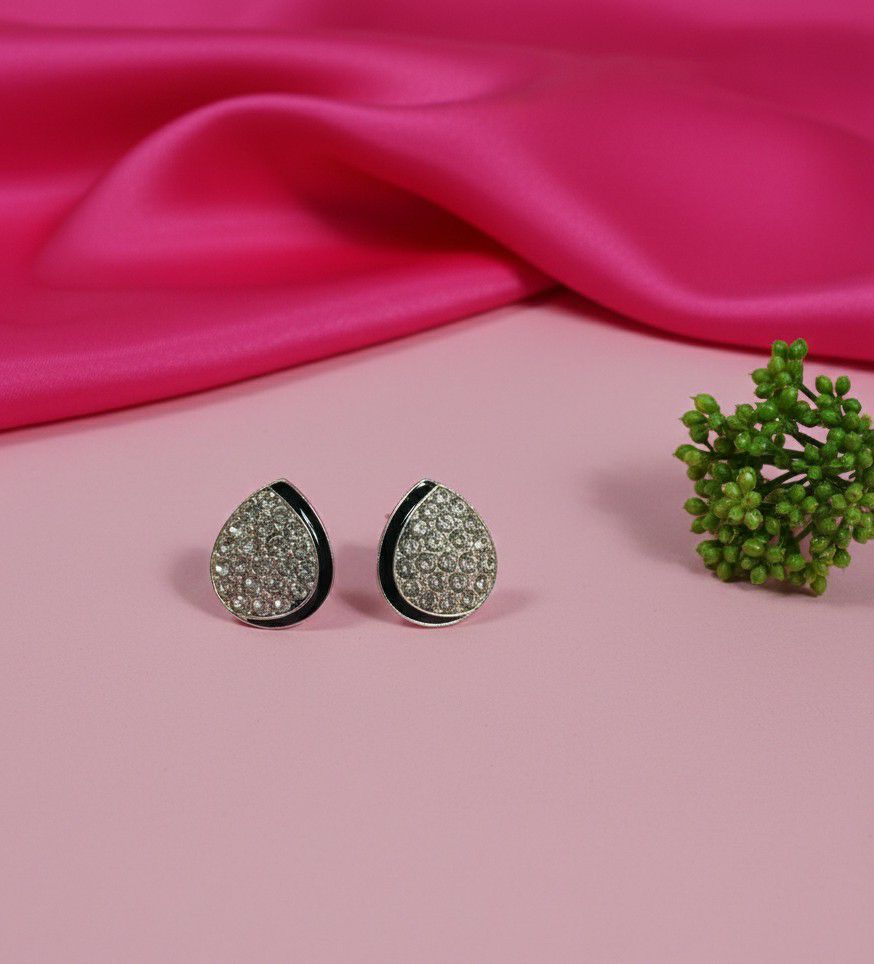 Silver Plated American Diamond Leaf Stud Earrings for Women | Minimal Brass Earrings | Daily Wear Jewellery | EA-40