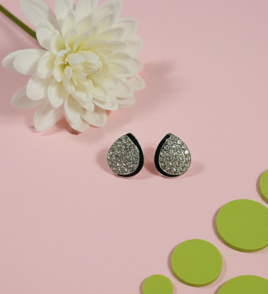 Silver Plated American Diamond Leaf Stud Earrings for Women | Minimal Brass Earrings | Daily Wear Jewellery | EA-40
