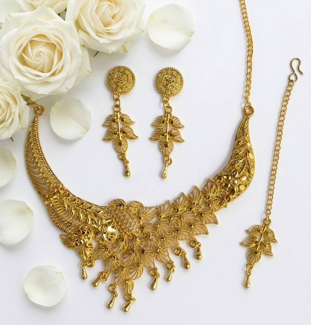 Gold Plated Meenakari Necklace Set for Women with Maang Tikka & Earrings | Adjustable Traditional Jewellery Set | N-24