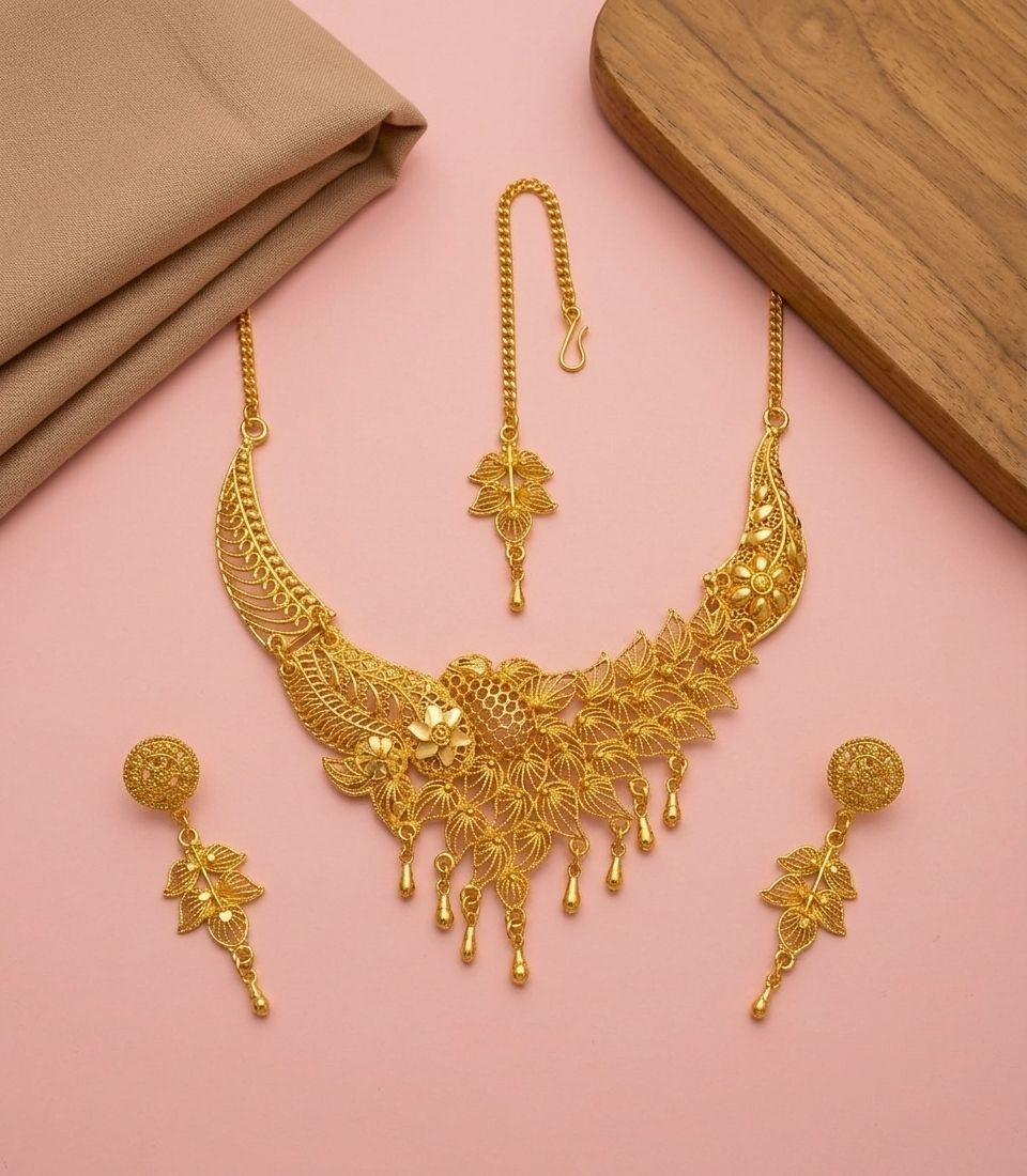 Gold Plated Meenakari Necklace Set for Women with Maang Tikka & Earrings | Adjustable Traditional Jewellery Set | N-24