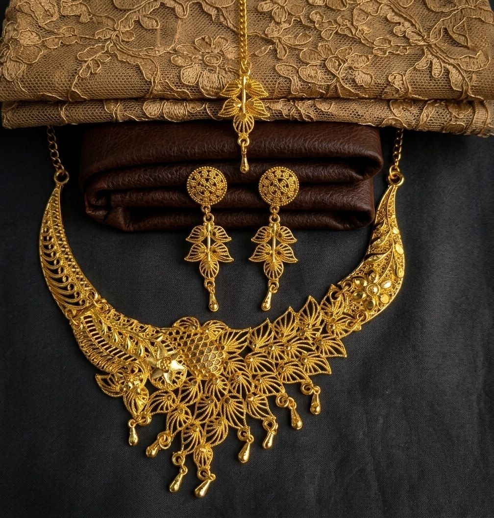 Gold Plated Meenakari Necklace Set for Women with Maang Tikka & Earrings | Adjustable Traditional Jewellery Set | N-24