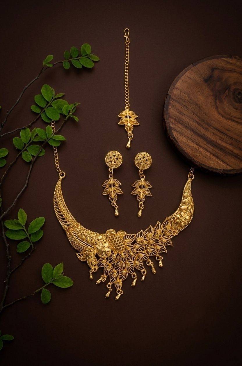 Gold Plated Meenakari Necklace Set for Women with Maang Tikka & Earrings | Adjustable Traditional Jewellery Set | N-24