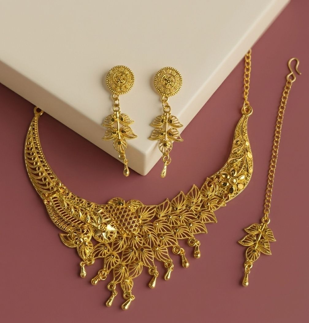 Gold Plated Meenakari Necklace Set for Women with Maang Tikka & Earrings | Adjustable Traditional Jewellery Set | N-24