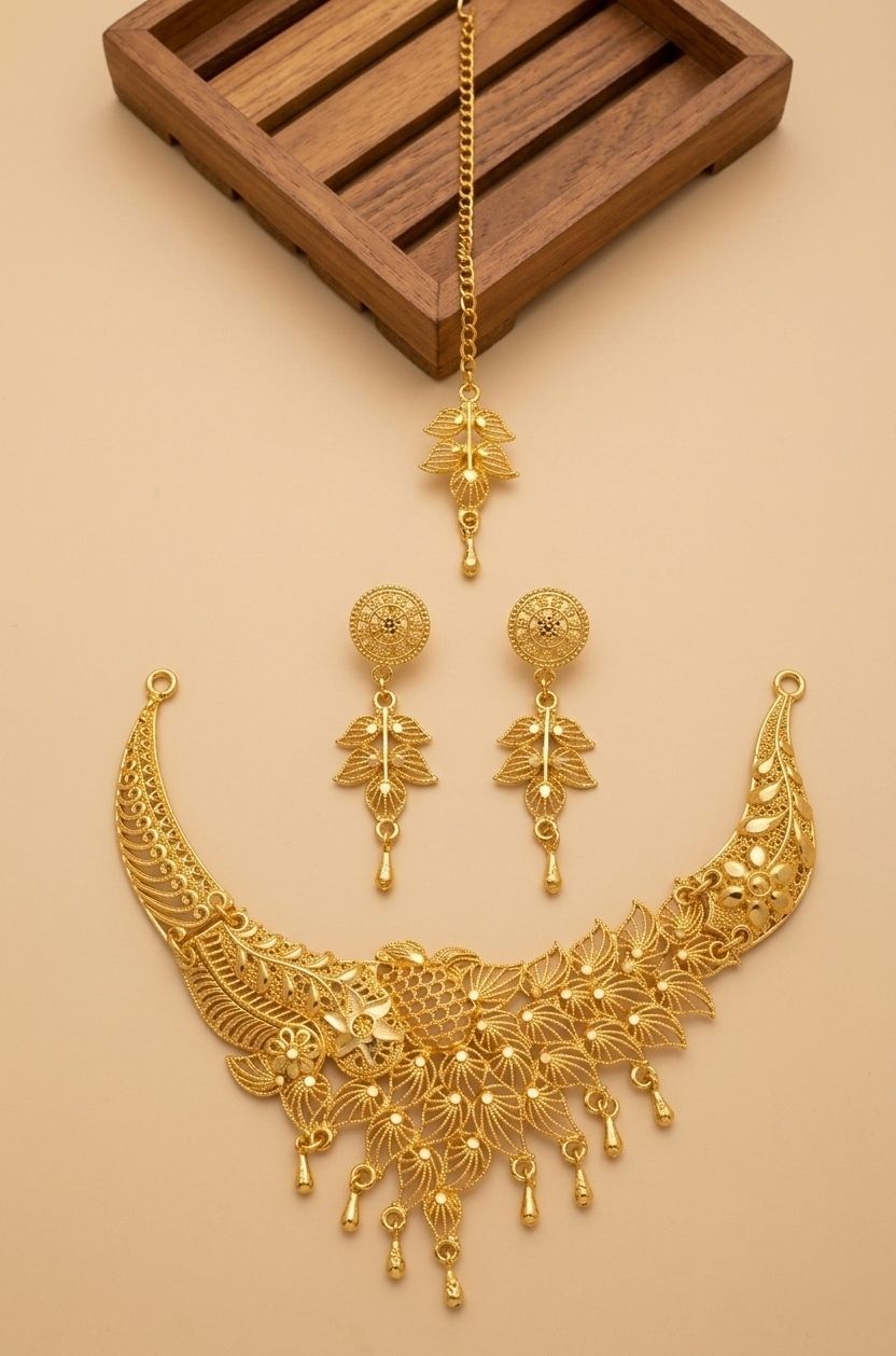 Gold Plated Meenakari Necklace Set for Women with Maang Tikka & Earrings | Adjustable Traditional Jewellery Set | N-24