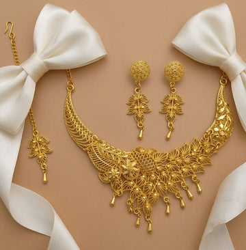 Gold Plated Meenakari Necklace Set for Women with Maang Tikka & Earrings | Adjustable Traditional Jewellery Set | N-24