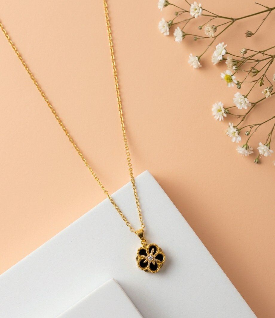 Gold Plated Rotating Flower Pendant Chain for Women | Anti Tarnish American Diamond Spin Pendant Necklace | Adjustable  | Imitation Jewellery | CP-58