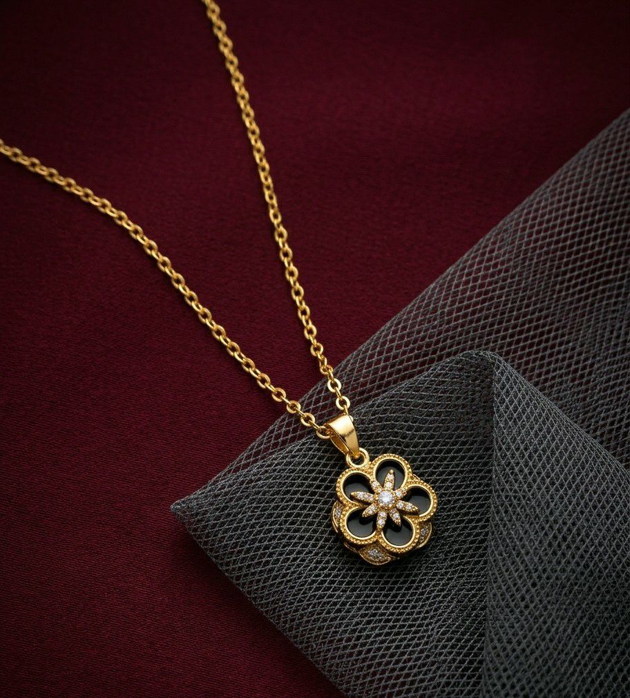 Gold Plated Rotating Flower Pendant Chain for Women | Anti Tarnish American Diamond Spin Pendant Necklace | Adjustable  | Imitation Jewellery | CP-58