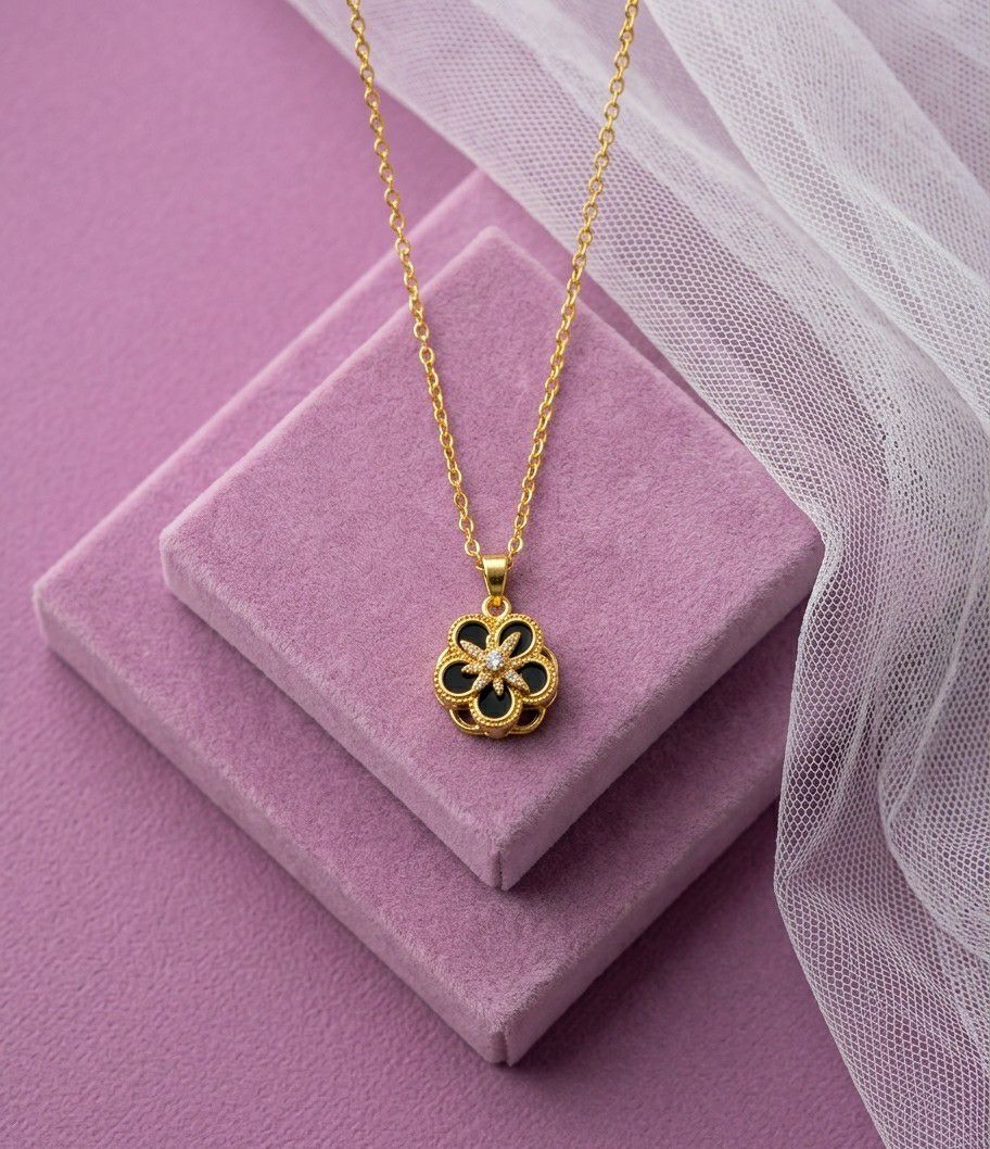 Gold Plated Rotating Flower Pendant Chain for Women | Anti Tarnish American Diamond Spin Pendant Necklace | Adjustable | CP-58