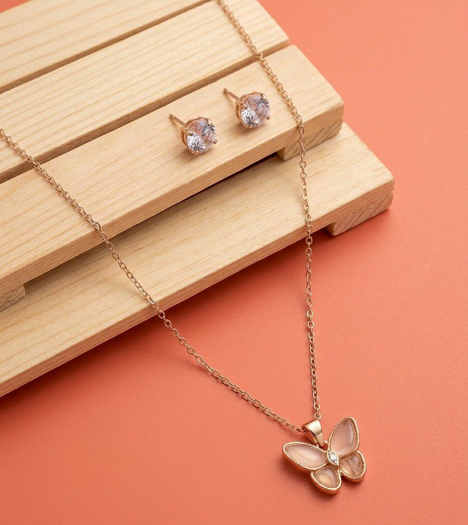 Rose Gold Plated American Diamond Butterfly Pendant Chain with Earrings for Women | Anti Tarnish Adjustable Jewellery Set | CP-60