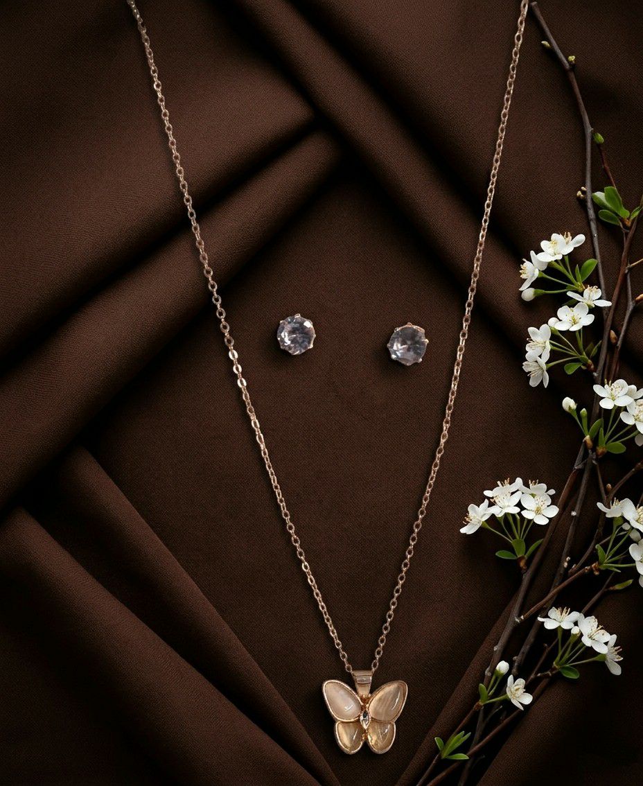 Rose Gold Plated American Diamond Butterfly Pendant Chain with Earrings for Women | Anti Tarnish Adjustable Jewellery Set | CP-60
