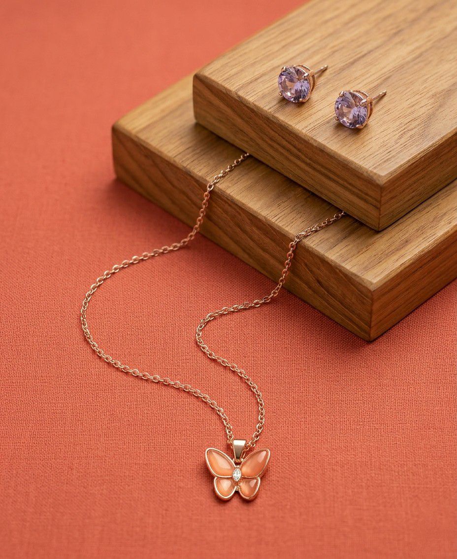 Rose Gold Plated American Diamond Butterfly Pendant Chain with Earrings for Women | Anti Tarnish Adjustable Jewellery Set | CP-60