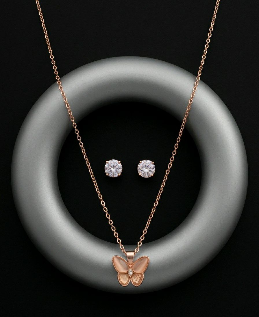 Rose Gold Plated American Diamond Butterfly Pendant Chain with Earrings for Women | Anti Tarnish Adjustable Jewellery Set | CP-60