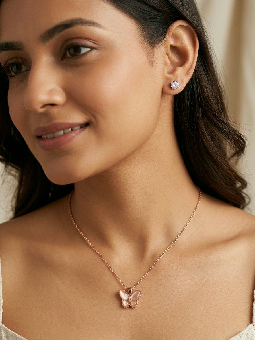 Rose Gold Plated American Diamond Butterfly Pendant Chain with Earrings for Women | Anti Tarnish Adjustable Jewellery Set | CP-60