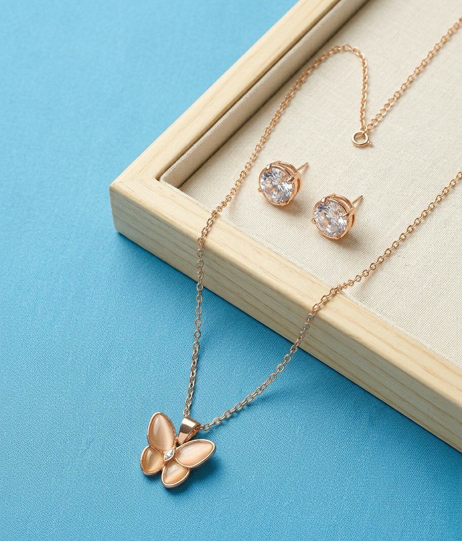 Rose Gold Plated American Diamond Butterfly Pendant Chain with Earrings for Women | Anti Tarnish Adjustable Jewellery Set | CP-60