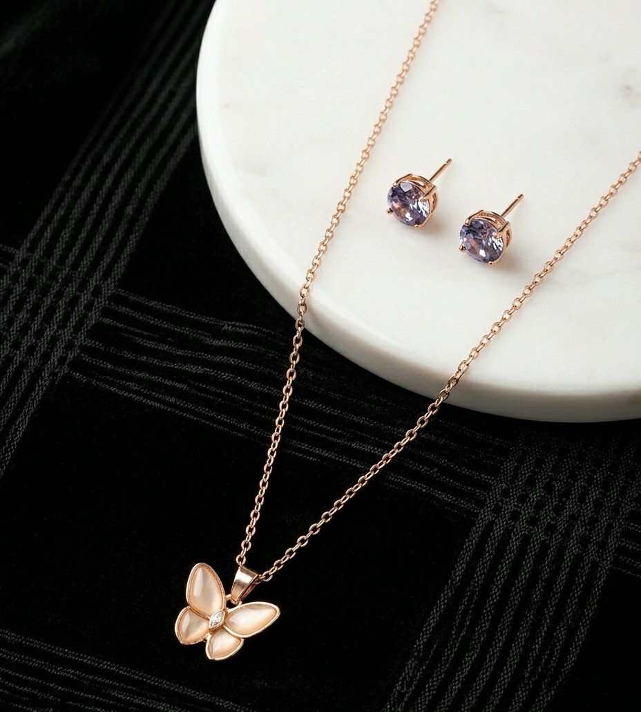 Rose Gold Plated American Diamond Butterfly Pendant Chain with Earrings for Women | Anti Tarnish Adjustable Jewellery Set | CP-60
