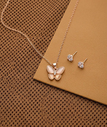 Rose Gold Plated American Diamond Butterfly Pendant Chain with Earrings for Women | Anti Tarnish Adjustable Jewellery Set | CP-60