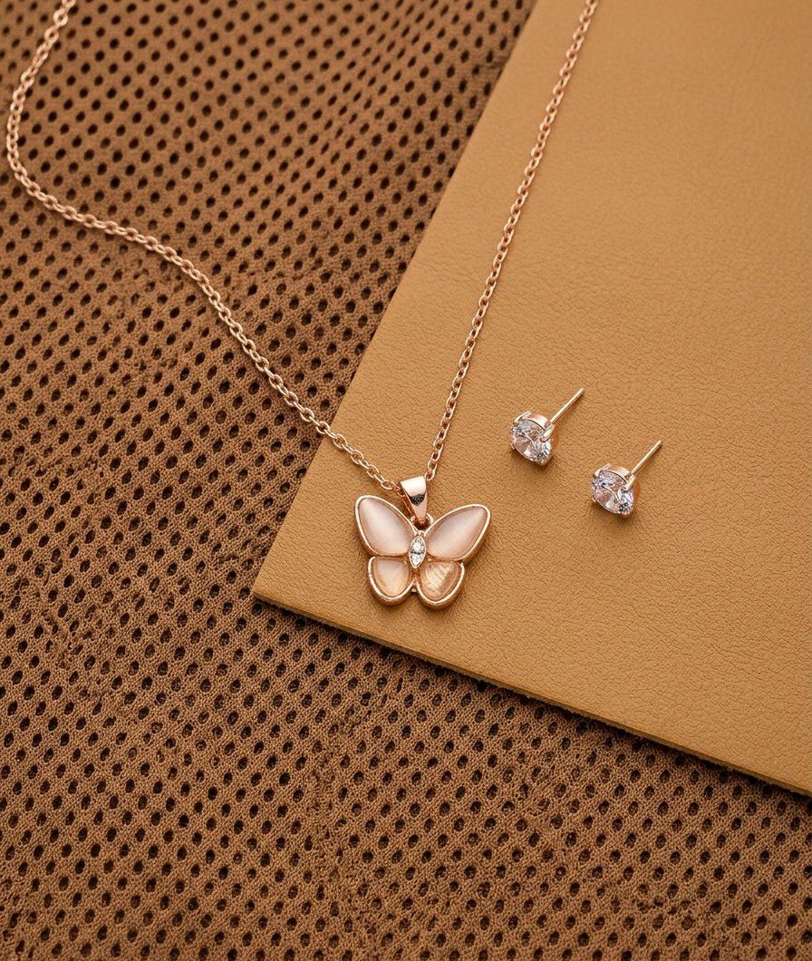 Rose Gold Plated American Diamond Butterfly Pendant Chain with Earrings for Women | Anti Tarnish Adjustable Jewellery Set | CP-60