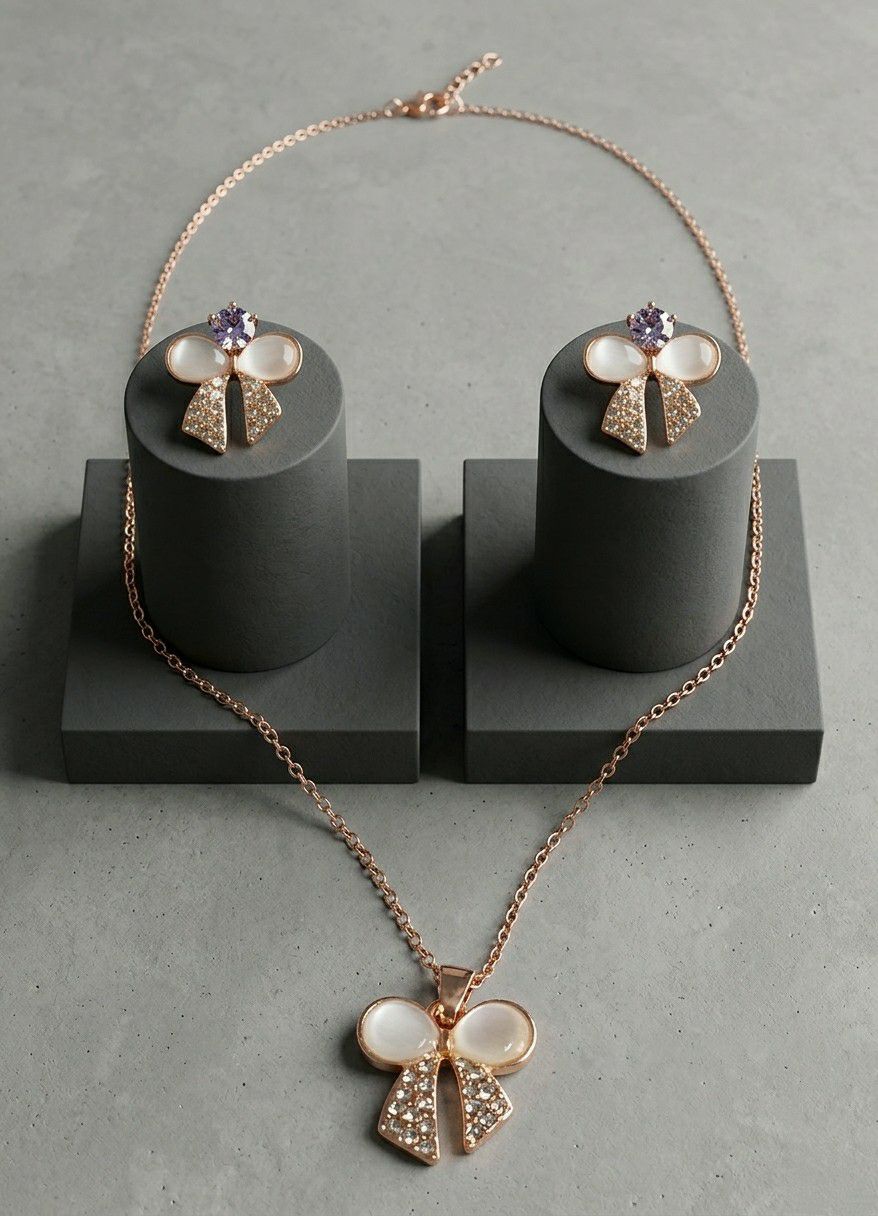 Rose Gold Plated Butterfly Pendant Chain with Earrings for Women | Anti Tarnish American Diamond Jewellery Set | Adjustable | CP-61