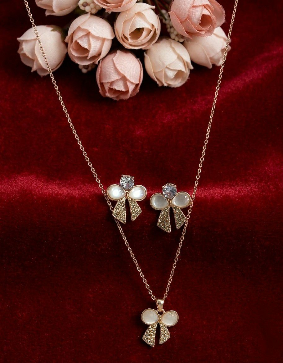 Rose Gold Plated Butterfly Pendant Chain with Earrings for Women | Anti Tarnish American Diamond Jewellery Set | Adjustable | CP-61