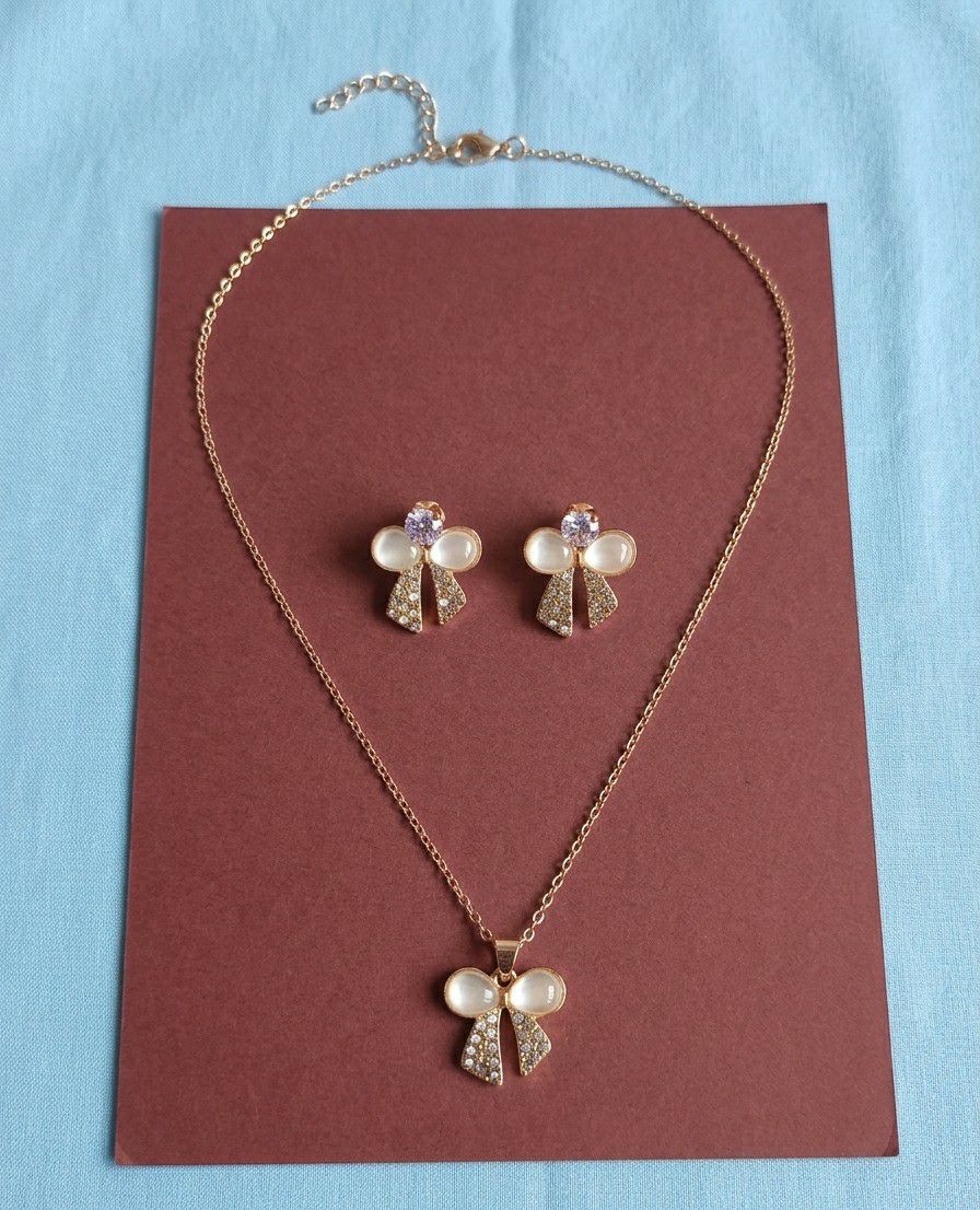 Rose Gold Plated Butterfly Pendant Chain with Earrings for Women | Anti Tarnish American Diamond Jewellery Set | Adjustable | CP-61