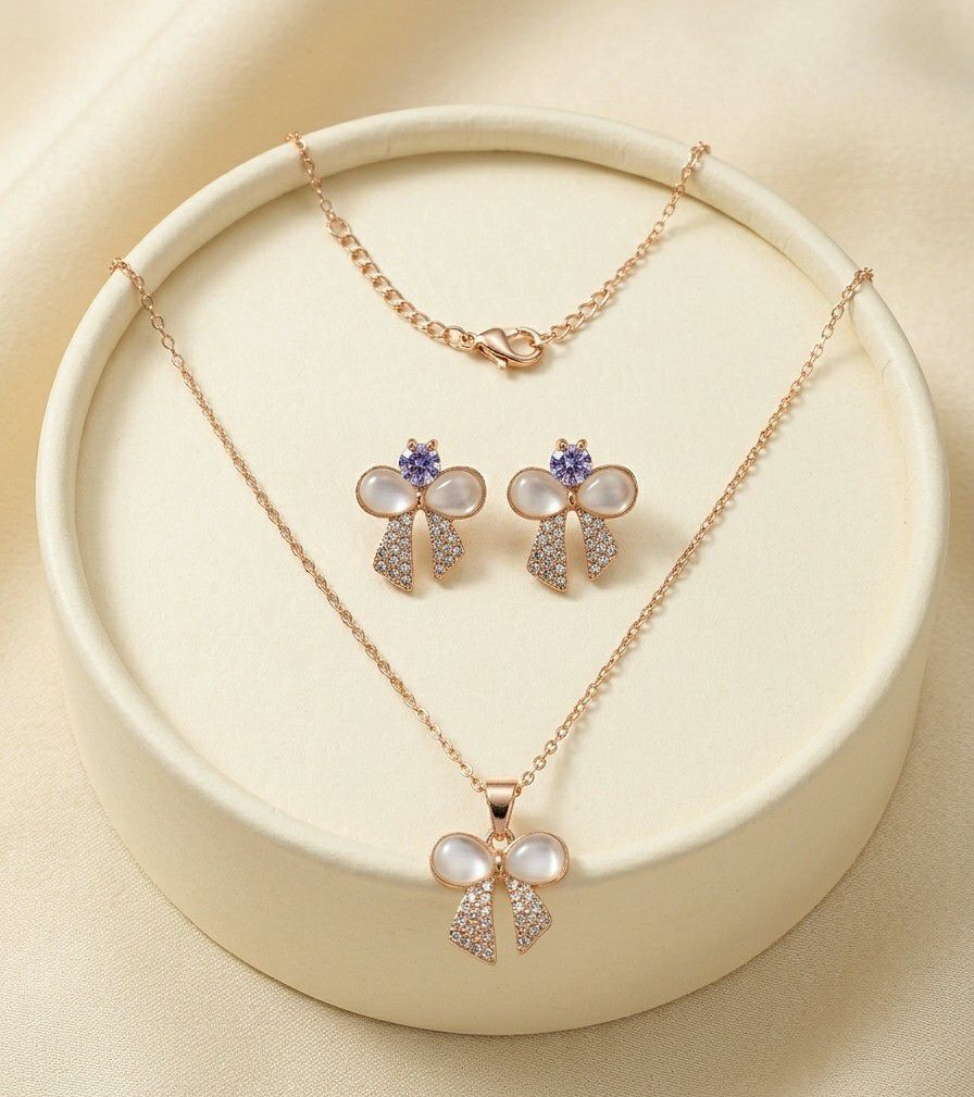 Rose Gold Plated Butterfly Pendant Chain with Earrings for Women | Anti Tarnish American Diamond Jewellery Set | Adjustable | CP-61