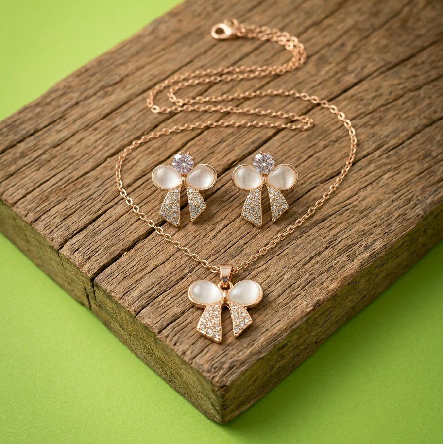 Rose Gold Plated Butterfly Pendant Chain with Earrings for Women | Anti Tarnish American Diamond Jewellery Set | Adjustable | CP-61