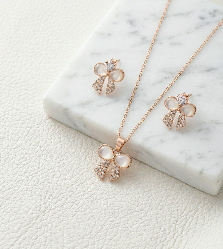 Rose Gold Plated Butterfly Pendant Chain with Earrings for Women | Anti Tarnish American Diamond Jewellery Set | Adjustable | CP-61