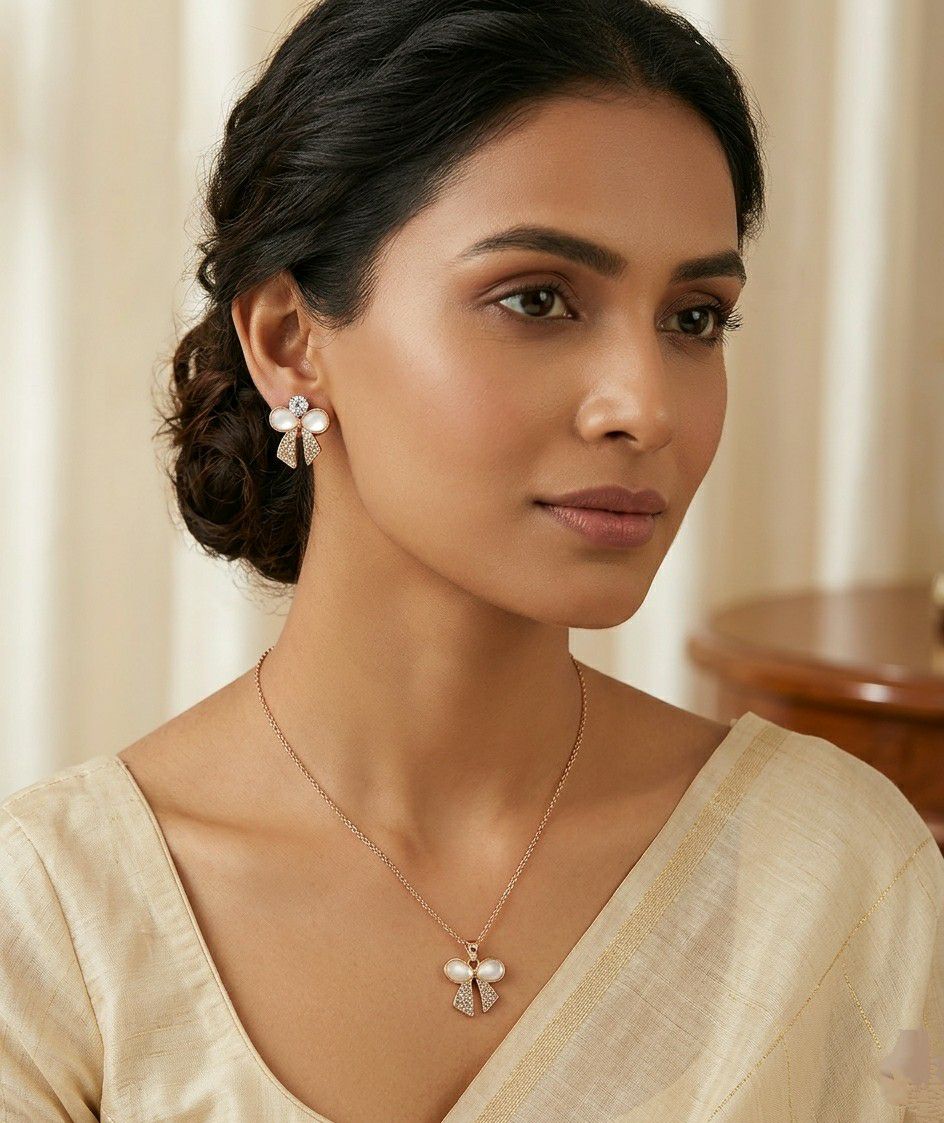 Rose Gold Plated Butterfly Pendant Chain with Earrings for Women | Anti Tarnish American Diamond Jewellery Set | Adjustable | CP-61