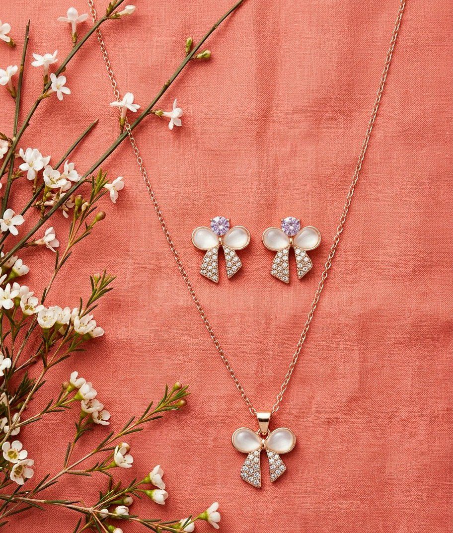Rose Gold Plated Butterfly Pendant Chain with Earrings for Women | Anti Tarnish American Diamond Jewellery Set | Adjustable | CP-61