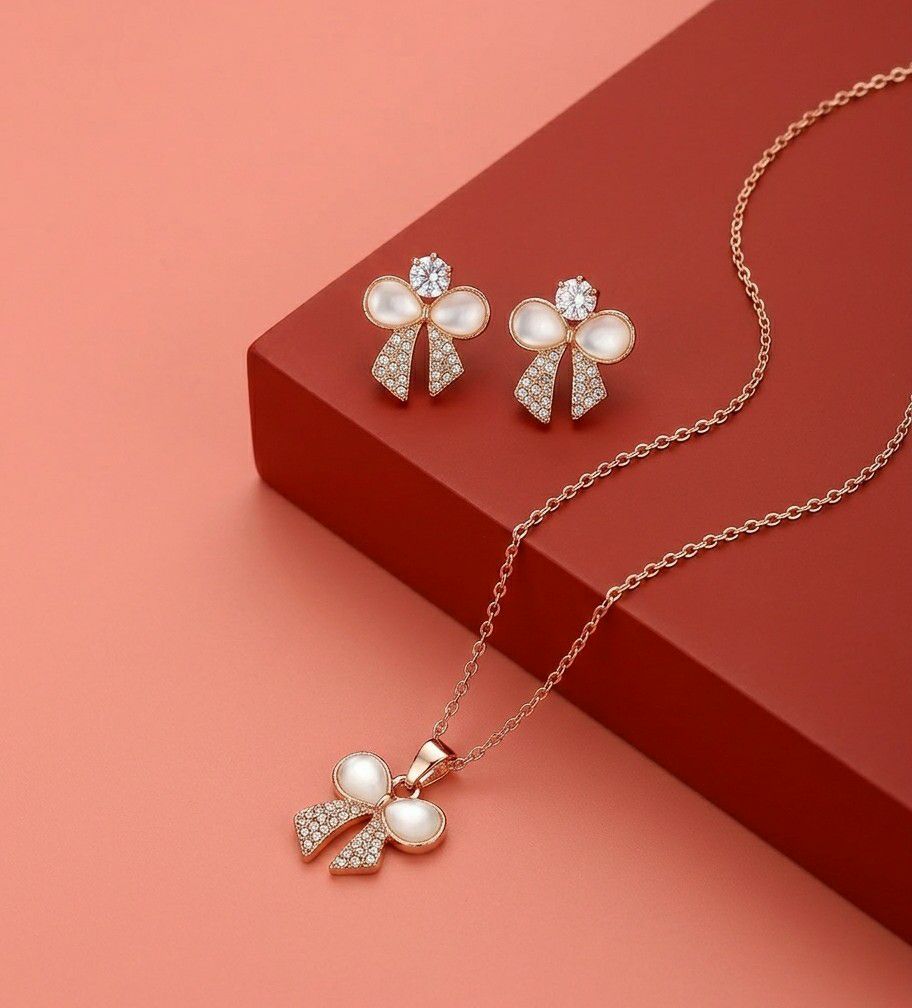 Rose Gold Plated Butterfly Pendant Chain with Earrings for Women | Anti Tarnish American Diamond Jewellery Set | Adjustable | CP-61