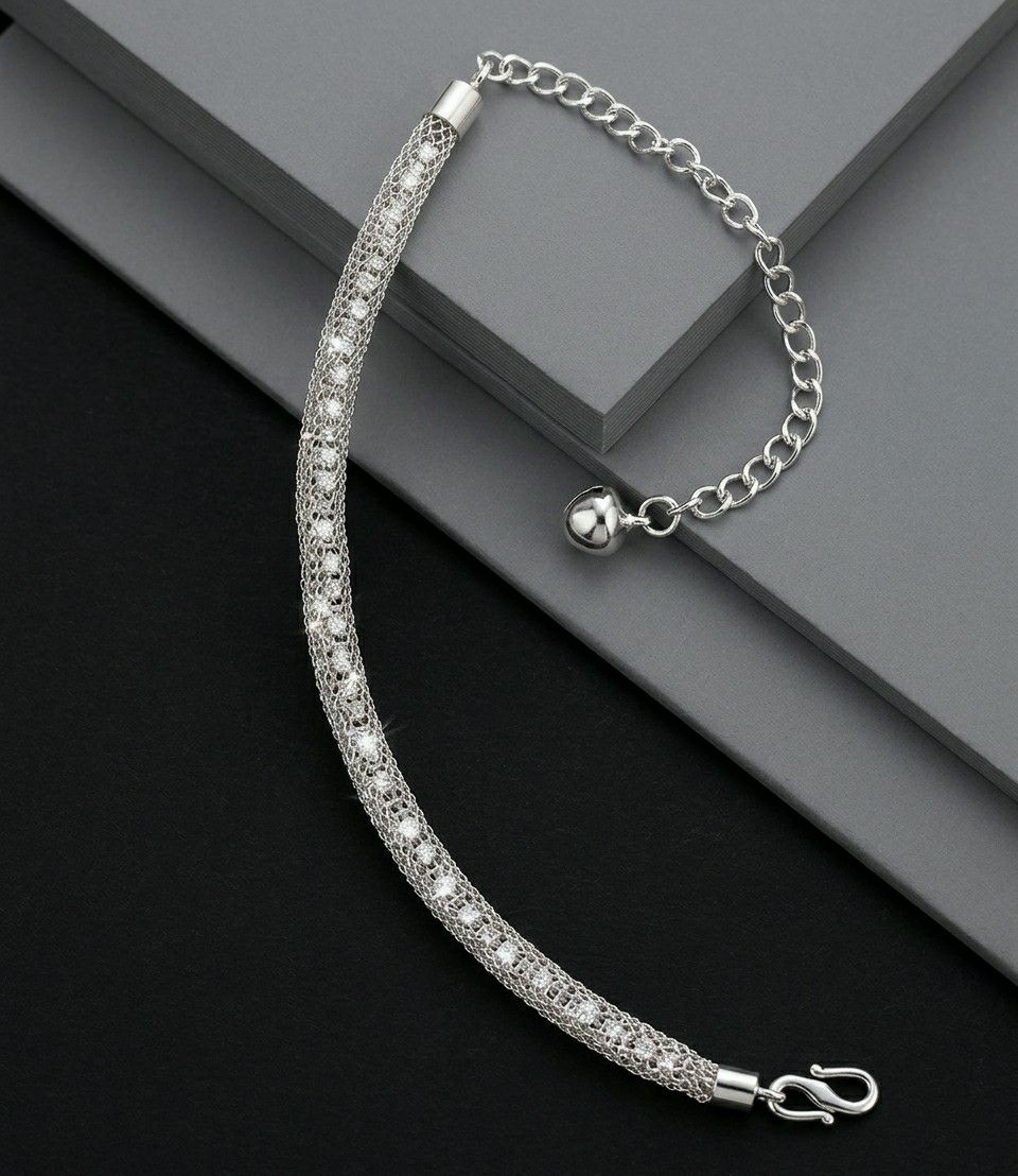 Silver Plated American Diamond Ball Chain Bracelet for Women | Adjustable Free Size Bracelet | Elegant Party Wear Jewellery | B-53
