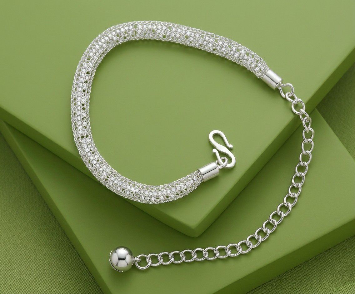 Silver Plated American Diamond Ball Chain Bracelet for Women | Adjustable Free Size Bracelet | Elegant Party Wear Jewellery | B-53