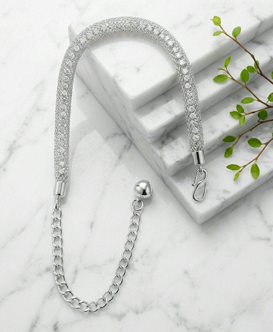 Silver Plated American Diamond Ball Chain Bracelet for Women | Adjustable Free Size Bracelet | Elegant Party Wear Jewellery | B-53