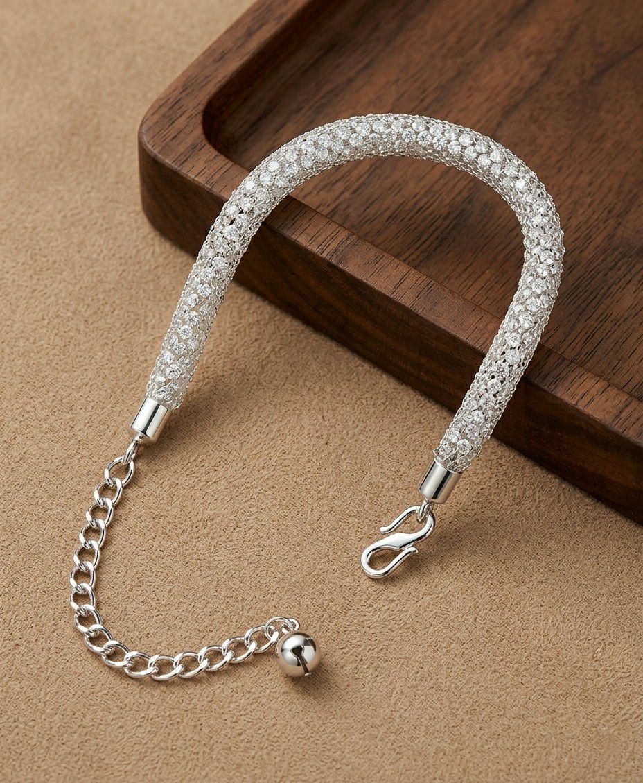 Silver Plated American Diamond Ball Chain Bracelet for Women | Adjustable Free Size Bracelet | Elegant Party Wear Jewellery | B-53