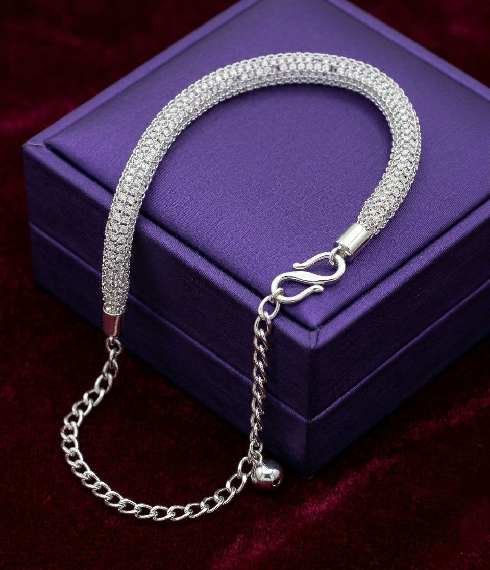 Silver Plated American Diamond Ball Chain Bracelet for Women | Adjustable Free Size Bracelet | Elegant Party Wear Jewellery | B-53