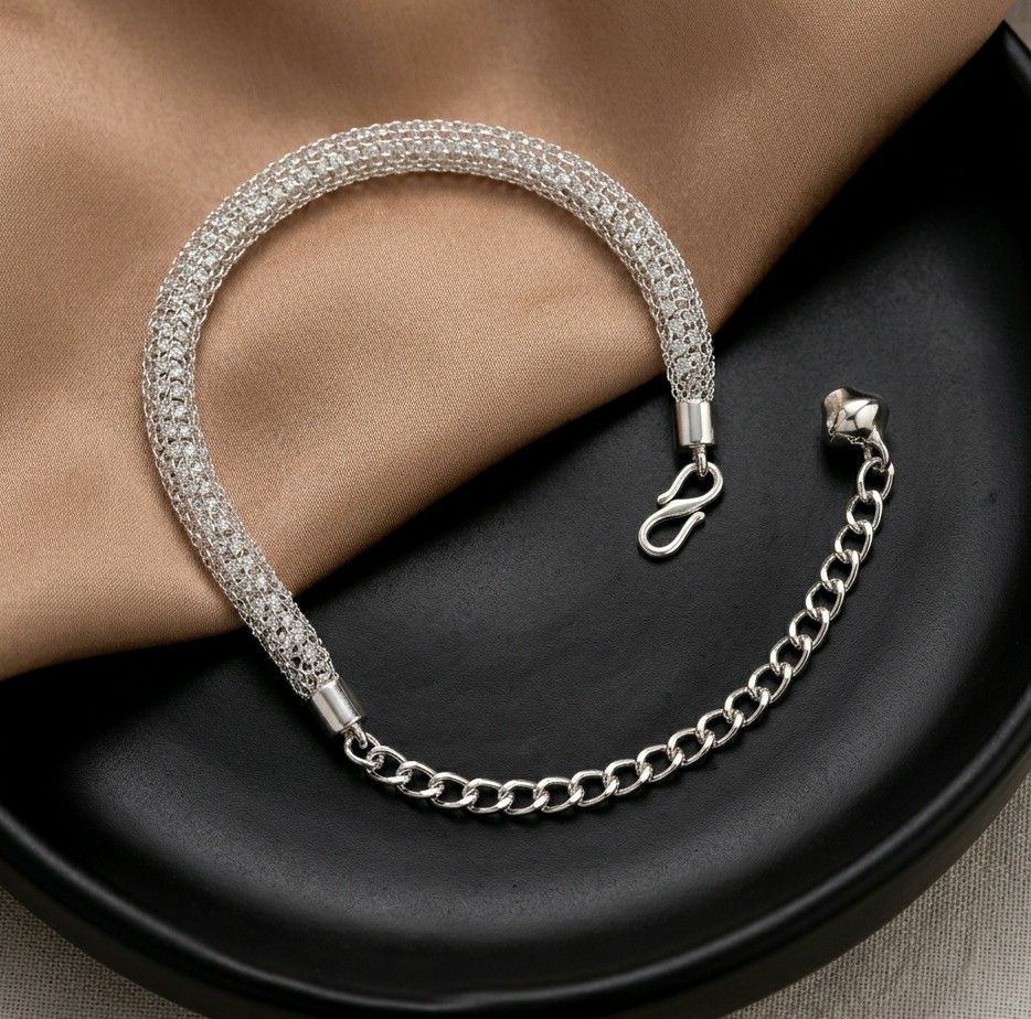 Silver Plated American Diamond Ball Chain Bracelet for Women | Adjustable Free Size Bracelet | Elegant Party Wear Jewellery | B-53