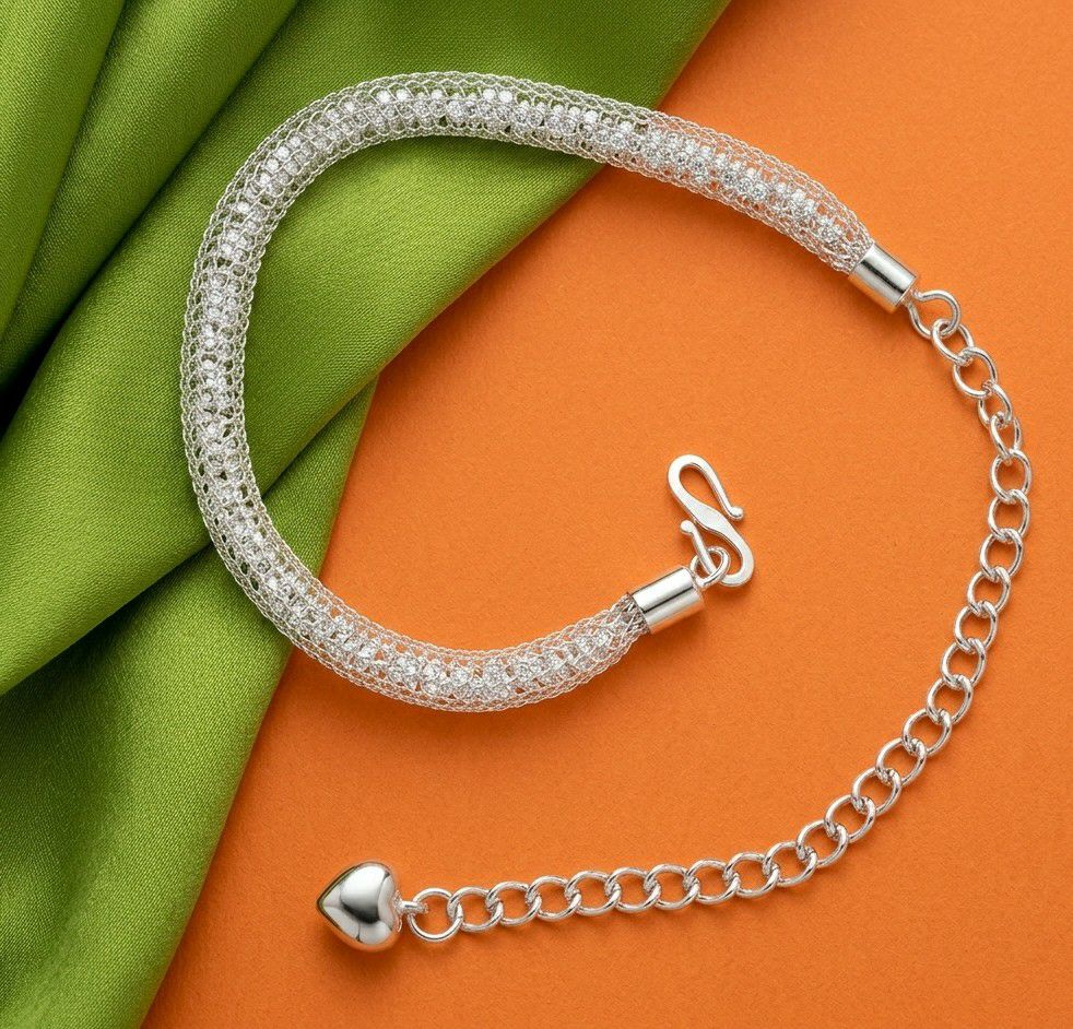 Silver Plated American Diamond Ball Chain Bracelet for Women | Adjustable Free Size Bracelet | Elegant Party Wear Jewellery | B-53