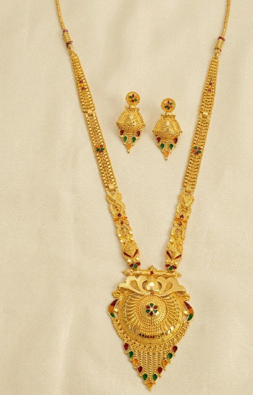 Gold Plated Long Minimal Necklace Haar for Women | Adjustable Traditional Wedding Jewellery | Elegant Gold Necklace | RJ-4