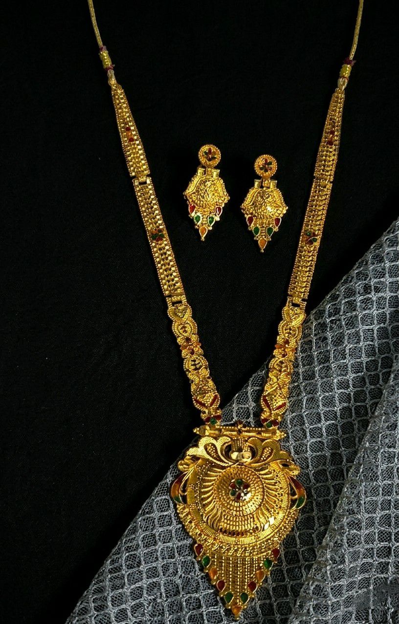 Gold Plated Long Minimal Necklace Haar for Women | Adjustable Traditional Wedding Jewellery | Elegant Gold Necklace | RJ-4