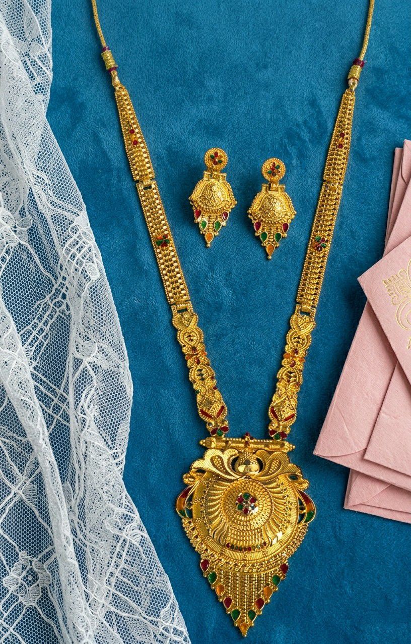 Gold Plated Long Minimal Necklace Haar for Women | Adjustable Traditional Wedding Jewellery | Elegant Gold Necklace | RJ-4