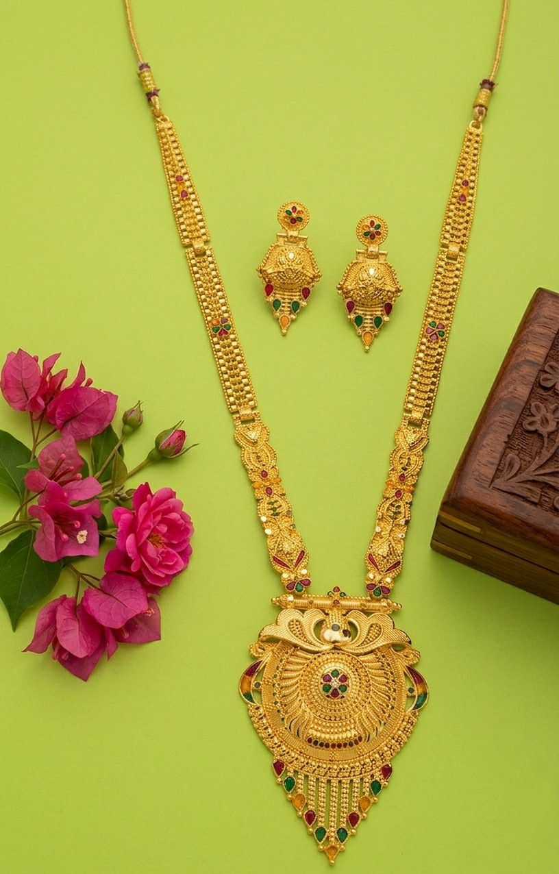 Gold Plated Long Minimal Necklace Haar for Women | Adjustable Traditional Wedding Jewellery | Elegant Gold Necklace | RJ-4