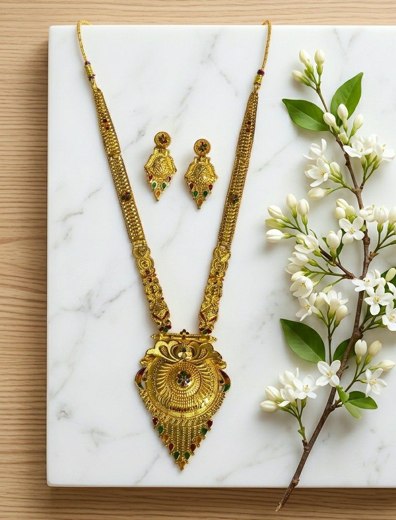 Gold Plated Long Minimal Necklace Haar for Women | Adjustable Traditional Wedding Jewellery | Elegant Gold Necklace | RJ-4