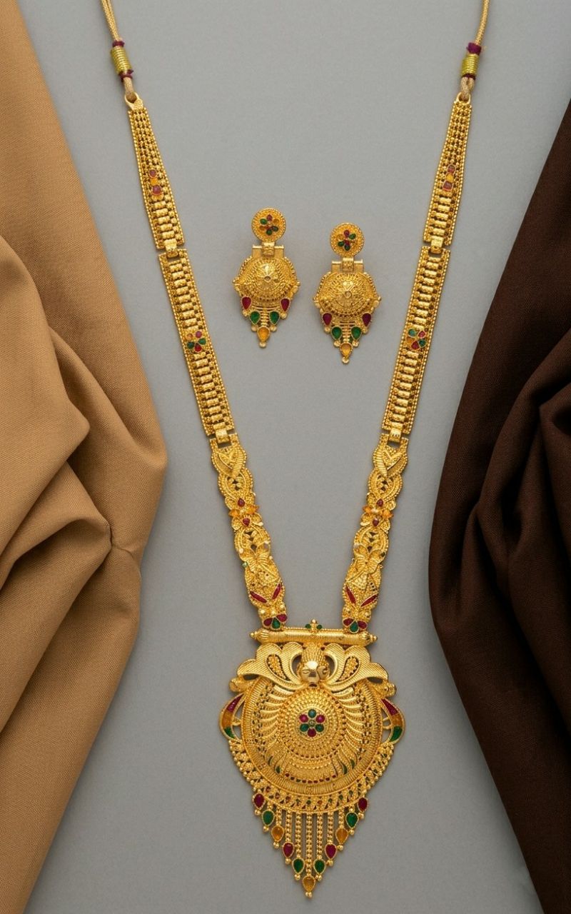 Gold Plated Long Minimal Necklace Haar for Women | Adjustable Traditional Wedding Jewellery | Elegant Gold Necklace | RJ-4