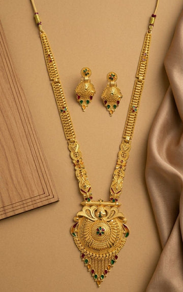 Gold Plated Long Minimal Necklace Haar for Women | Adjustable Traditional Wedding Jewellery | Elegant Gold Necklace | RJ-4
